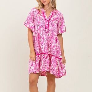 Umgee Pink White Paisley Floral Mini Dress Size S